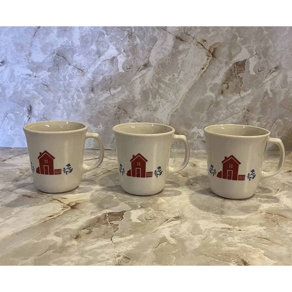 Vintage Corelle Corning USA House and Heart Set Of 3 Country Coffee Mugs/Cups